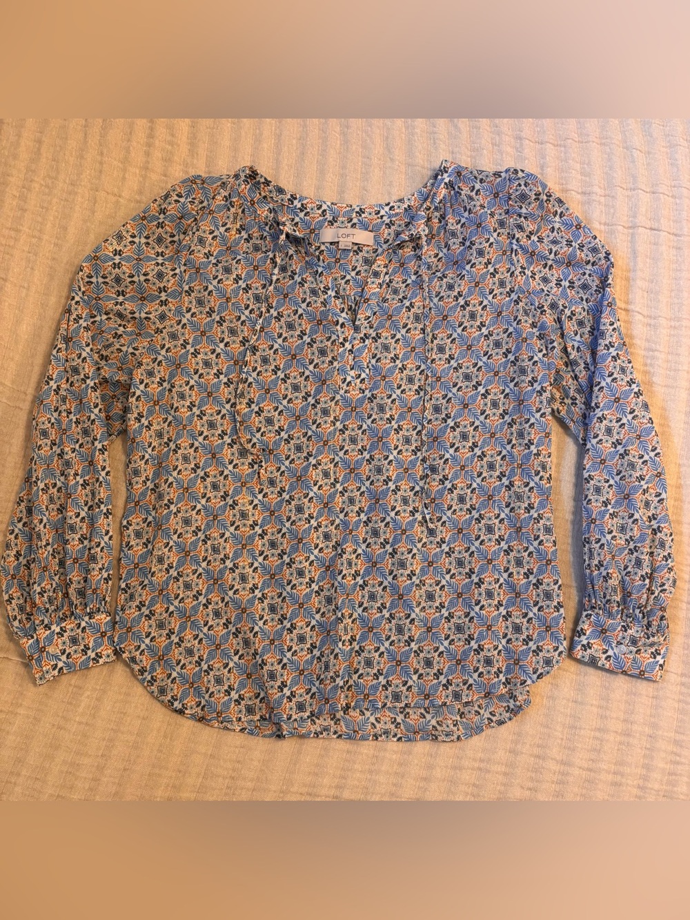 LOFT Blue Cream and Orange Geometric V-Neck Blouse with Gold Accents